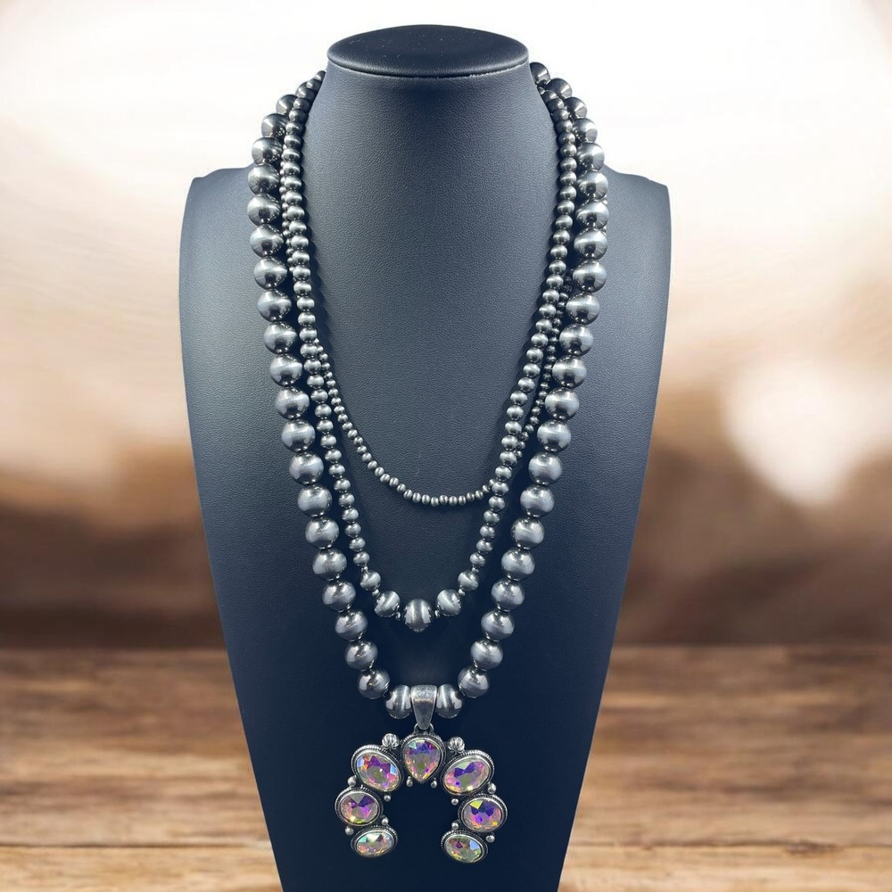 Silver Beaded Statement Necklace Iridescent Pendant Western Boho Festival Glam